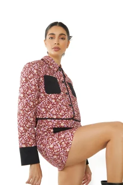 Glamorous Jackets|Burgundy Chintz Black Button Front Padded Crop Jacket -