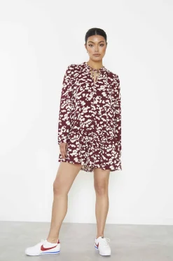 Glamorous Mini Dresses|Mini Dresses|Burgundy Cream Abstract Mini Dress with Ruffle Hem and Long -