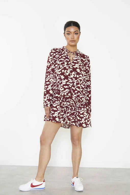 Glamorous Mini Dresses|Mini Dresses|Burgundy Cream Abstract Mini Dress with Ruffle Hem and Long -