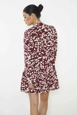 Glamorous Mini Dresses|Mini Dresses|Burgundy Cream Abstract Mini Dress with Ruffle Hem and Long -