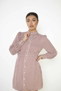 Glamorous Mini Dresses|Mini Dresses|Burgundy Geometric Check Long Sleeve Mini Shirt Dress with P -
