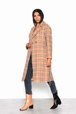 Glamorous Coats|Camel Multi Check Double Breasted Longline Coat with Waist b -