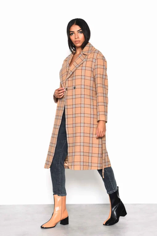 Glamorous Coats|Camel Multi Check Double Breasted Longline Coat with Waist b -