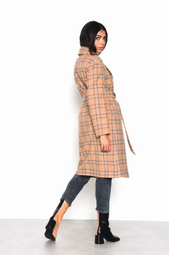 Glamorous Coats|Camel Multi Check Double Breasted Longline Coat with Waist b -