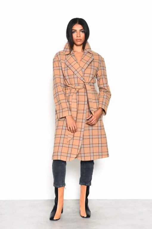 Glamorous Coats|Camel Multi Check Double Breasted Longline Coat with Waist b -