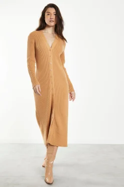 Glamorous Workwear|Day Dresses|Caramel Knitted Skinny Fit Midi Dress with Long Sleeves & V -