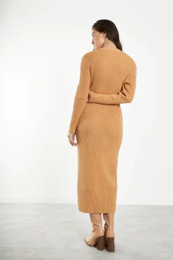 Glamorous Workwear|Day Dresses|Caramel Knitted Skinny Fit Midi Dress with Long Sleeves & V -