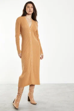 Glamorous Workwear|Day Dresses|Caramel Knitted Skinny Fit Midi Dress with Long Sleeves & V -