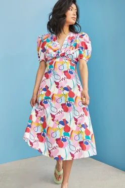 Glamorous Best Dressed Guest|Day Dresses|Care Abstract Rainbow Print V- Neck Puff Shoulder Midi Dress -