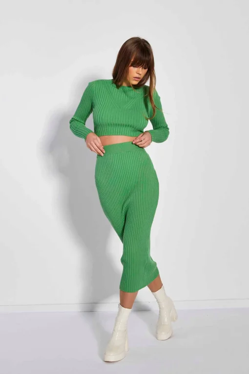 Glamorous Glamorous Care: Our Sustainable Collection|Co-ords|Care Apple Green Rib Knit Midi Pencil Skirt -