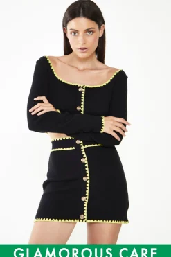 Glamorous Glamorous Care: Our Sustainable Collection|Knitted Co-ords|Care Black Button Up Mini Skirt with Yellow Scalloped Trim -