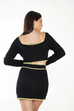 Glamorous Glamorous Care: Our Sustainable Collection|Knitted Co-ords|Care Black Button Up Mini Skirt with Yellow Scalloped Trim -