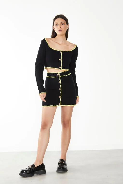 Glamorous Glamorous Care: Our Sustainable Collection|Knitted Co-ords|Care Black Button Up Mini Skirt with Yellow Scalloped Trim -