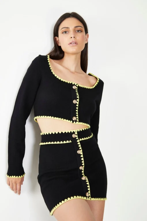 Glamorous Glamorous Care: Our Sustainable Collection|Knitted Co-ords|Care Black Button Up Mini Skirt with Yellow Scalloped Trim -