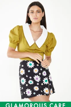 Glamorous Glamorous Care: Our Sustainable Collection|Mini Skirts|Care Black Daisy Print Side Split Mini Skirt -