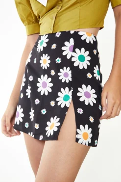 Glamorous Glamorous Care: Our Sustainable Collection|Mini Skirts|Care Black Daisy Print Side Split Mini Skirt -