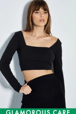 Glamorous Glamorous Care: Our Sustainable Collection|Care Black Long Sleeve Square Neck Crop Top -