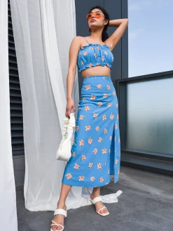 Glamorous Glamorous Care: Our Sustainable Collection|Midi & Midaxi Skirts|Care Blue Orange Floral Midi Skirt -