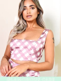Glamorous Glamorous Care: Our Sustainable Collection|Care Blush Check Square Neck Crop Top -