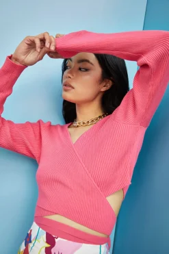 Glamorous Glamorous Care: Our Sustainable Collection|Care Bright Pink Wrap Long Sleeve Top -