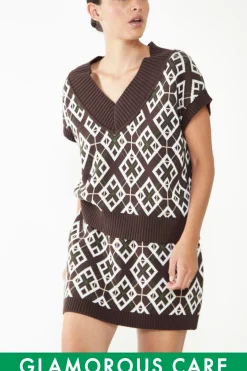 Glamorous Glamorous Care: Our Sustainable Collection|Co-ords|Care Brown Geometric Print V-Neck Top -