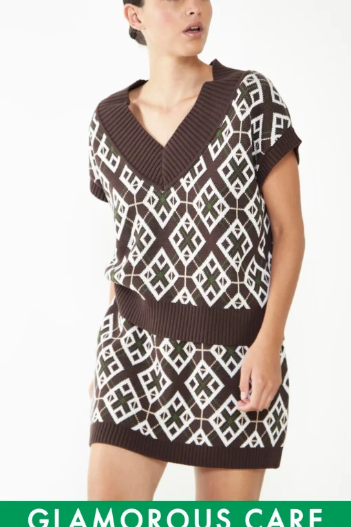 Glamorous Glamorous Care: Our Sustainable Collection|Co-ords|Care Brown Geometric Print V-Neck Top -