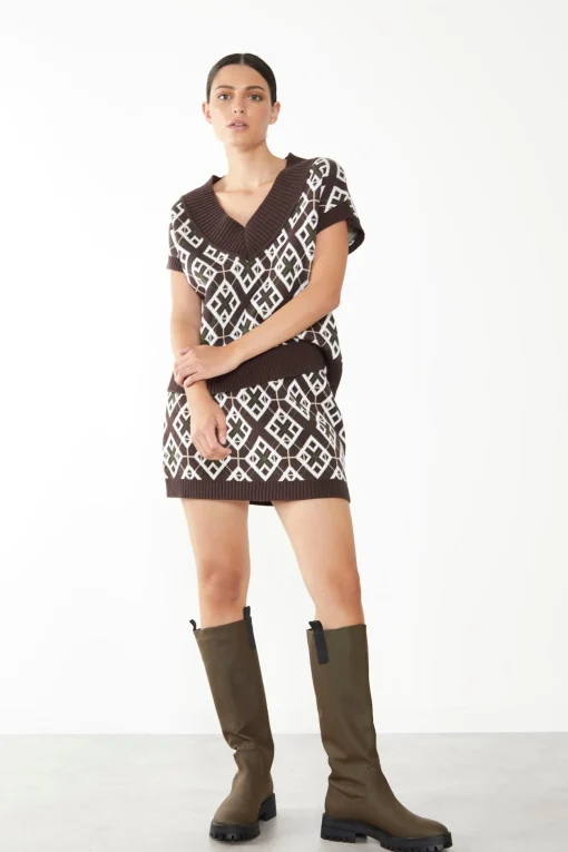 Glamorous Glamorous Care: Our Sustainable Collection|Co-ords|Care Brown Geometric Print V-Neck Top -