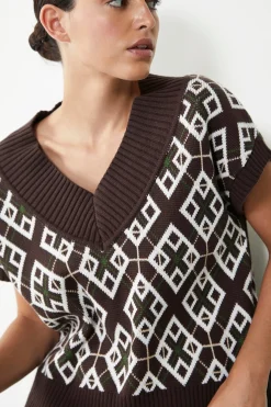 Glamorous Glamorous Care: Our Sustainable Collection|Co-ords|Care Brown Geometric Print V-Neck Top -