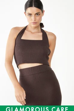 Glamorous Going Out Tops|Glamorous Care: Our Sustainable Collection|Care Brown Ribbed Halter Neck Top -