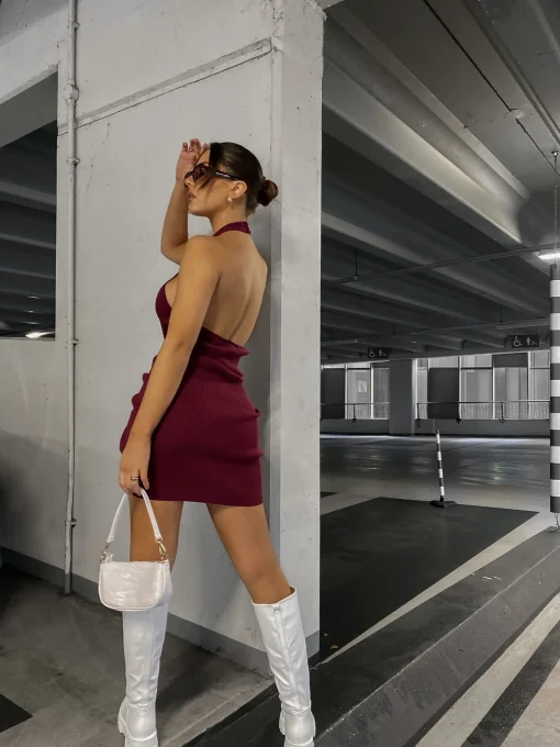 Glamorous Go To Partywear|Glamorous Care: Our Sustainable Collection|Care Burgundy Halter Neck Ribbed Mini Dress -