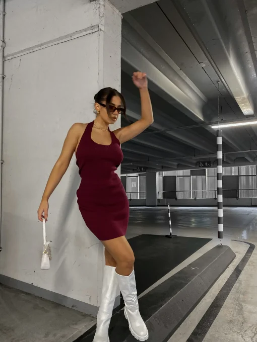 Glamorous Go To Partywear|Glamorous Care: Our Sustainable Collection|Care Burgundy Halter Neck Ribbed Mini Dress -
