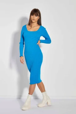 Glamorous Day Dresses|Glamorous Care: Our Sustainable Collection|Care Cyan Blue Square Neck Knitted Midi Dress -