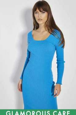 Glamorous Day Dresses|Glamorous Care: Our Sustainable Collection|Care Cyan Blue Square Neck Knitted Midi Dress -