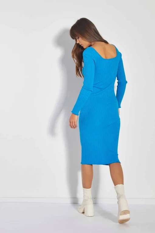 Glamorous Day Dresses|Glamorous Care: Our Sustainable Collection|Care Cyan Blue Square Neck Knitted Midi Dress -