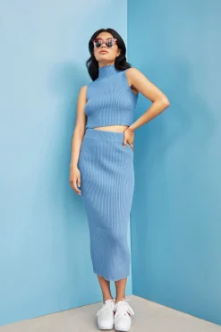 Glamorous Jet Setter|Glamorous Care: Our Sustainable Collection|Care Denim Blue High Waisted Ribbed Midi Skirt -