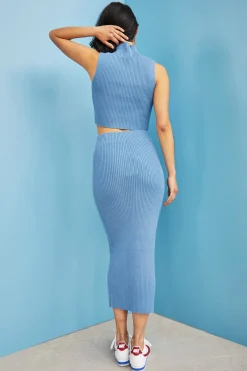 Glamorous Jet Setter|Glamorous Care: Our Sustainable Collection|Care Denim Blue High Waisted Ribbed Midi Skirt -