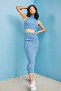 Glamorous Jet Setter|Glamorous Care: Our Sustainable Collection|Care Denim Blue High Waisted Ribbed Midi Skirt -