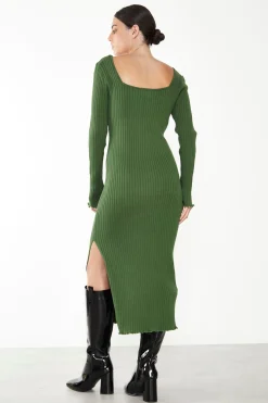 Glamorous Day Dresses|Glamorous Care: Our Sustainable Collection|Care Green Ribbed Long Sleeve Midi Dress -