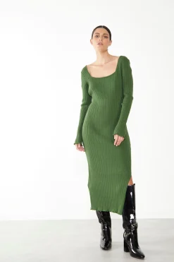 Glamorous Day Dresses|Glamorous Care: Our Sustainable Collection|Care Green Ribbed Long Sleeve Midi Dress -