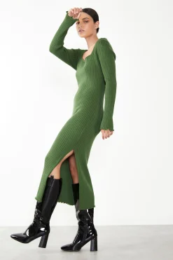 Glamorous Day Dresses|Glamorous Care: Our Sustainable Collection|Care Green Ribbed Long Sleeve Midi Dress -
