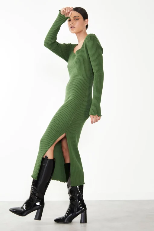 Glamorous Day Dresses|Glamorous Care: Our Sustainable Collection|Care Green Ribbed Long Sleeve Midi Dress -