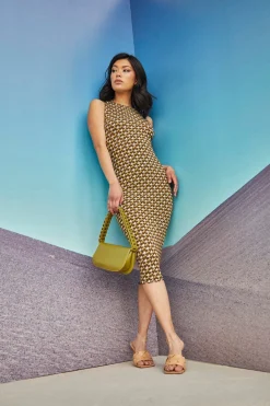 Glamorous Glamorous Care: Our Sustainable Collection|Midi & Midaxi Dresses|Care Khaki Hounds tooth High Neck Midi Dress -