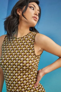 Glamorous Glamorous Care: Our Sustainable Collection|Midi & Midaxi Dresses|Care Khaki Hounds tooth High Neck Midi Dress -
