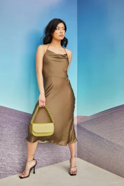 Glamorous Best Dressed Guest|Chic Escapes|Care Khaki Satin Cowl Neck Midi Dress -