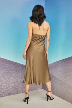 Glamorous Best Dressed Guest|Chic Escapes|Care Khaki Satin Cowl Neck Midi Dress -