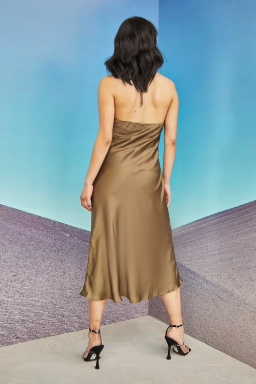 Glamorous Best Dressed Guest|Chic Escapes|Care Khaki Satin Cowl Neck Midi Dress -