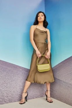 Glamorous Best Dressed Guest|Chic Escapes|Care Khaki Satin Cowl Neck Midi Dress -
