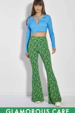Glamorous Glamorous Care: Our Sustainable Collection|Co-ords|Care Lime Blue Floral Skinny Fit Flared Trousers -