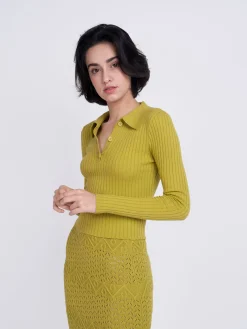 Glamorous Glamorous Care: Our Sustainable Collection|Knitted Co-ords|Care Olive Green Collar Top -