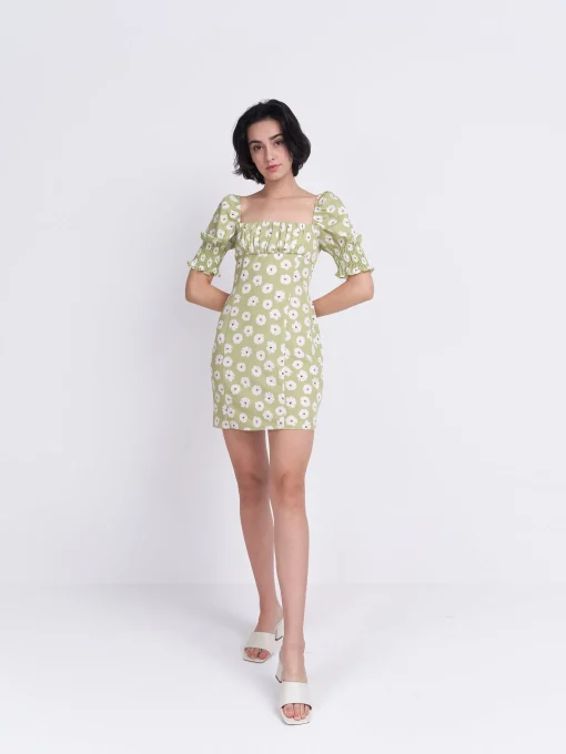 Glamorous Glamorous Care: Our Sustainable Collection|Mini Dresses|Care Olive Green Flower Puff Sleeve Mini Dress -